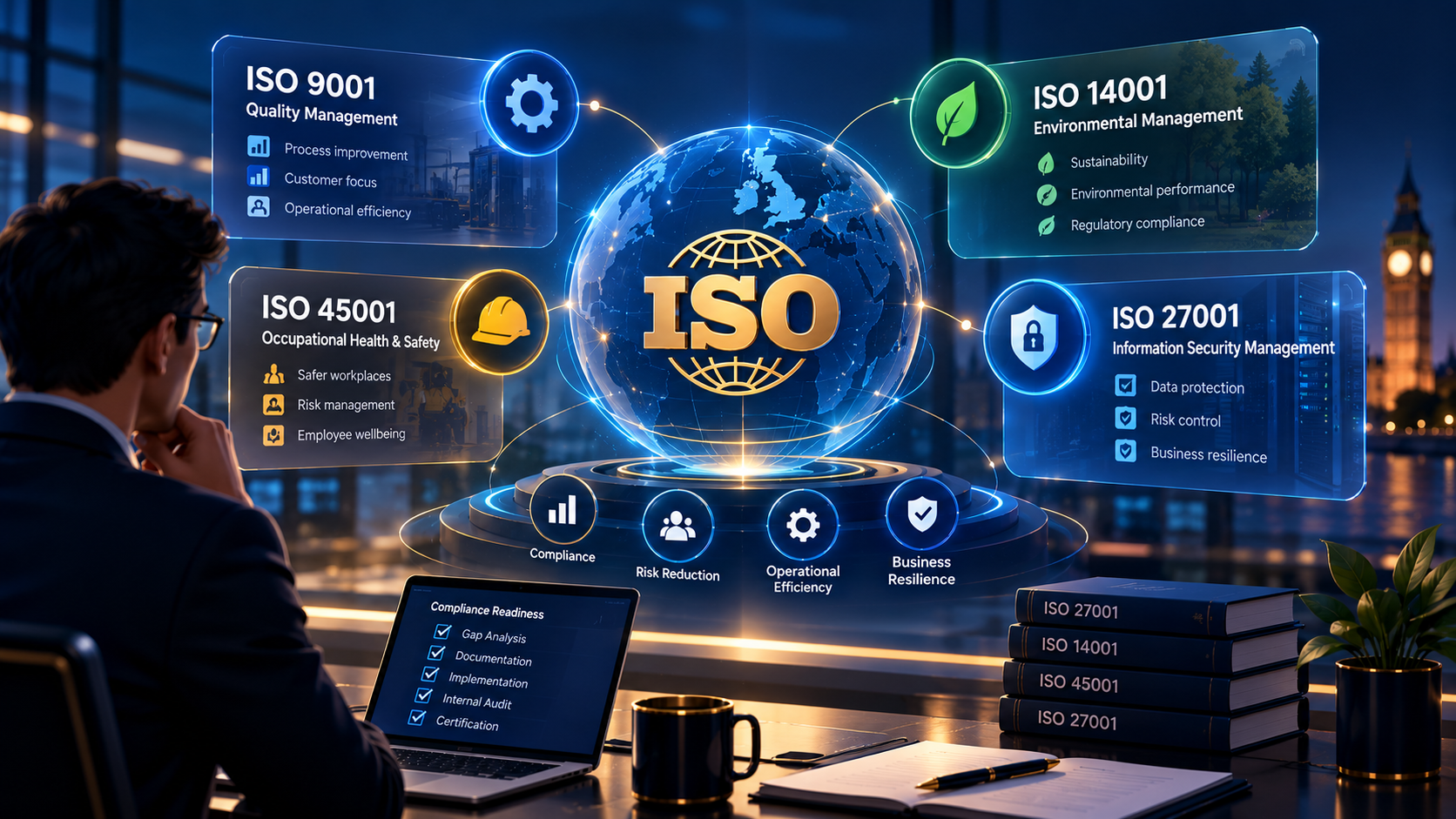 Futuristic ISO standards compliance hub displaying ISO 9001 Quality Management, ISO 14001 Environmental Management, ISO 45001 Health and Safety, and ISO 27001 Information Security requirements