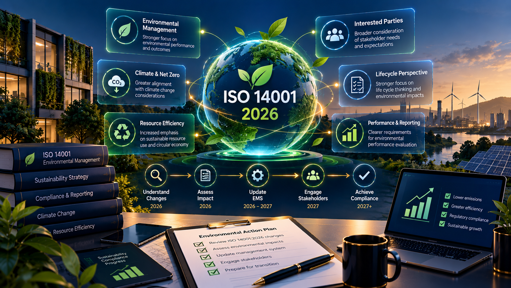 ISO 14001:2026 environmental compliance dashboard showing key revision changes including climate change alignment, resource efficiency, lifecycle perspective, and transition timeline for UK businesses