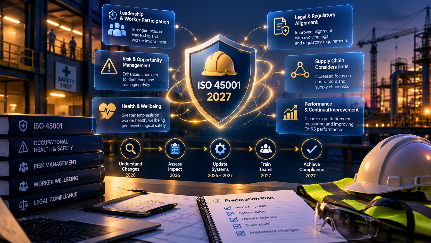 ISO 45001:2027 safety roadmap showing key changes to occupational health and safety management including leadership, risk management, supply chain considerations, and transition planning timeline