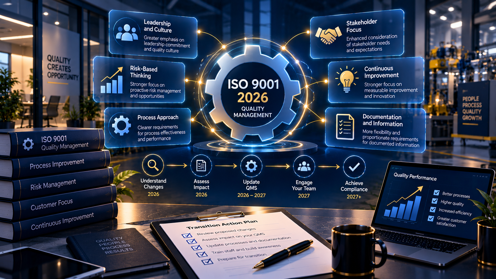 ISO 9001:2026 quality management hub showing anticipated revision changes including leadership culture, risk-based thinking, process approach, and transition action planning for UK businesses