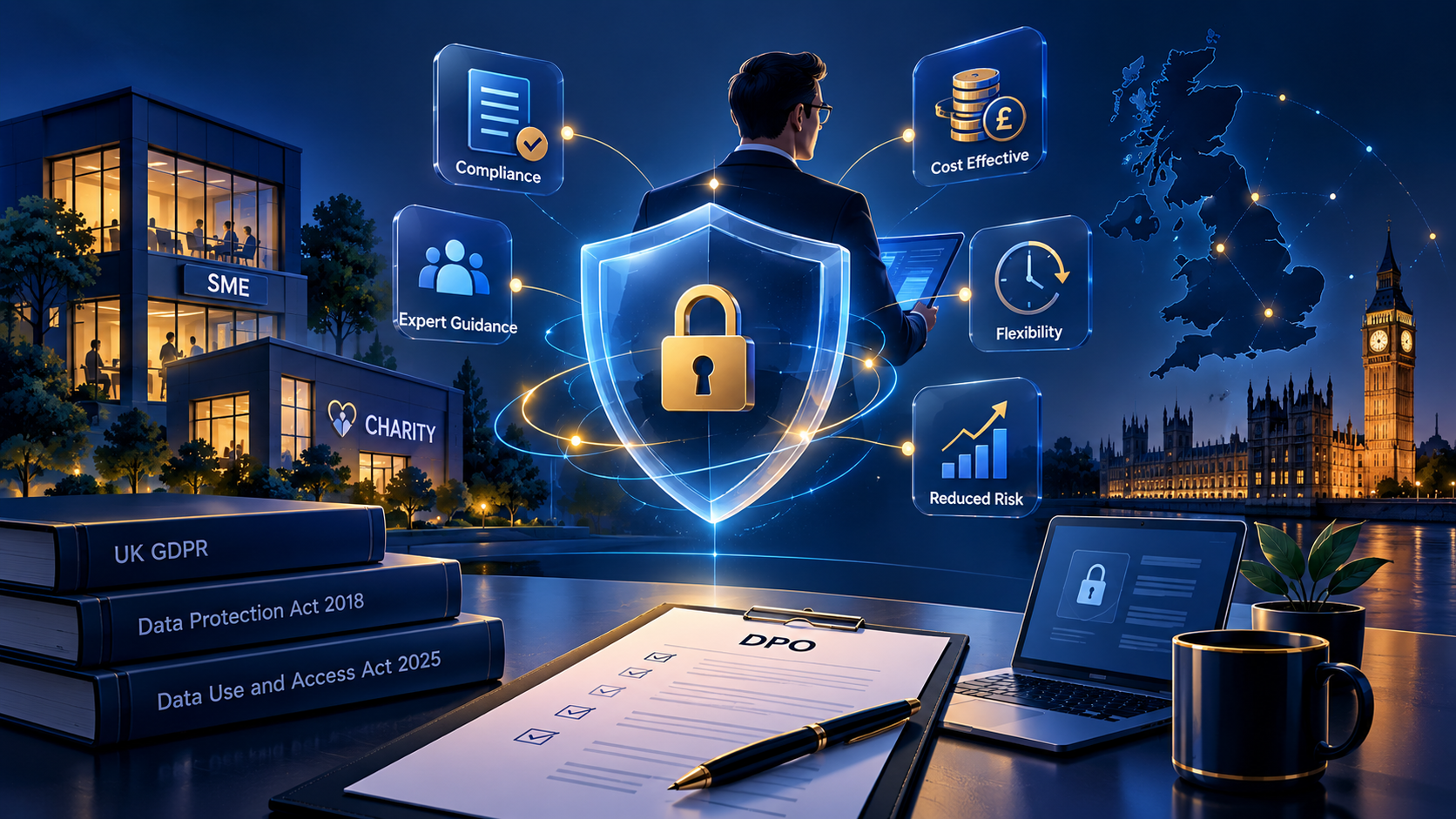 Outsourced DPO compliance hub showing UK GDPR, Data Protection Act 2018, and Data Use and Access Act 2025 resources for UK SMEs and charities